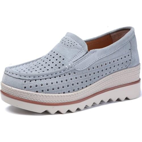 High Heel Wedge Women Platform Sneakers Genuine Leather Slip On Shoes Cow Suede Hollow Shallow Loafers 8 Colors Ladies Plus Size