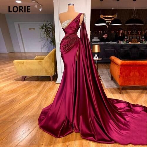 LORIE Arabic Evening Dresses Long One Shoulder Beaded Pleats Mermaid Satin Formal Prom Gown Party Dress abendkleider 2021 dubai