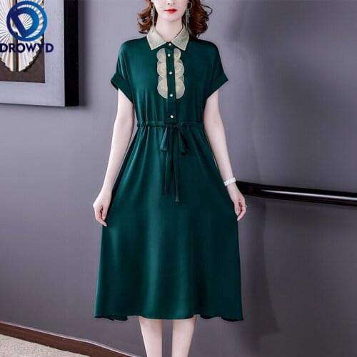 Fashion Green Waist Satin Short-sleeved Dress Female Summer 2021 New High-end Temperament Acetate Satin Midi Dress Party Vestido