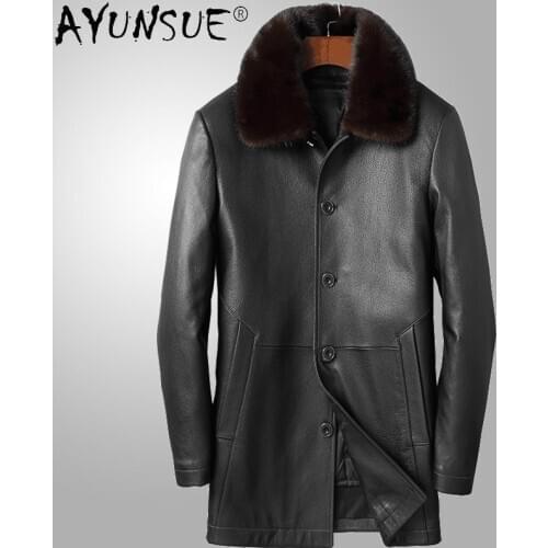 AYUNSUE 2020 Mens Genuine Goatskin Leather Jacket Men Warm Parka Real Mink Fur Collar Down Jackets Chaquetas Hombre LXR925