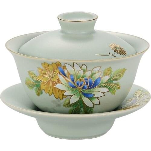 Newly listed handpainted tea bowl covered bowl set cup saucer with lid ruyao crackle glaze porcelain tureen Chinese gaiwan 140ml