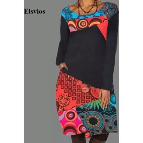 New Floral Print O Neck Pocket Vintage Dress Casual Winter Long Sleeve A-Line Party Dress Autumn Women Loose Dress Vestidos 3XL