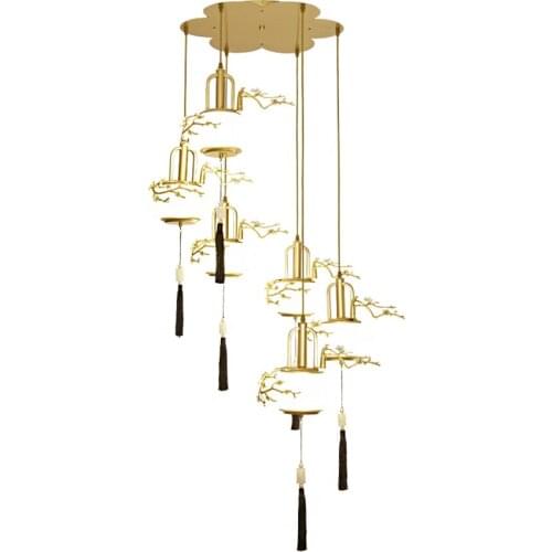 New Chinese gold lantern glass pendant lights bedroom lamps hotel kitchen tea room restaurant flowers hanging lights lighting