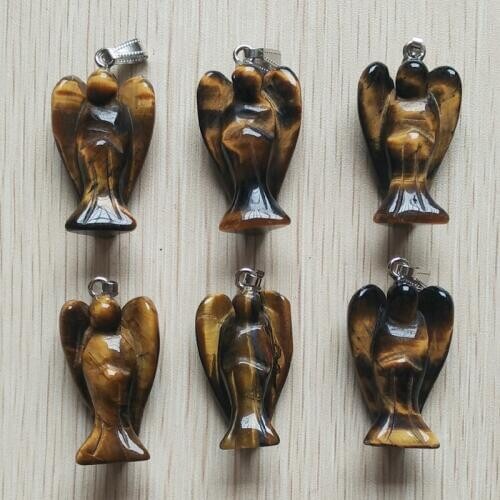 Wholesale 6pcs/lot fashion top quality natural tiger eye stone angel carved charms pendants for necklace making jewelry free
