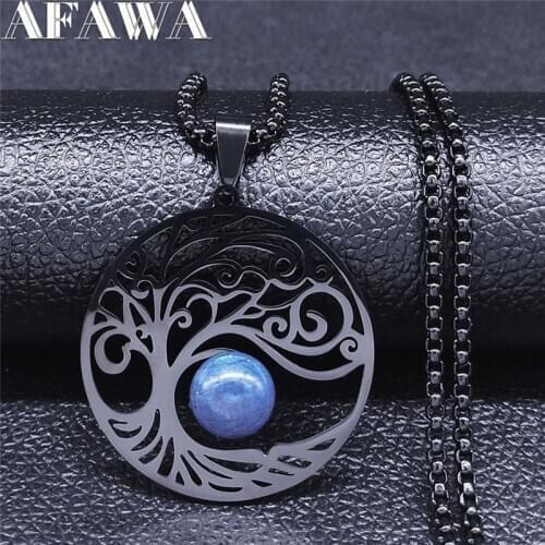 Tree of Life Blue Natural Stone Stainless Steel Witchcraft Necklaces Men Black Pendant Necklace Jewelry collier homme NXS02