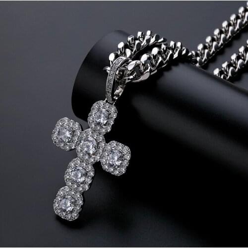 Hip Hop Prong Setting Big CZ Stone Bling Iced Out Cross Pendants Necklace for Men Fashion Rapper Jewelry Gifts Gold Cuban Chain