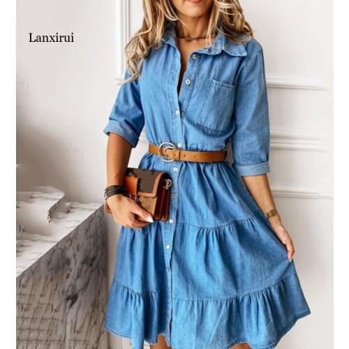 Casual Turn Down Collar Women Button Dress Summer Pocket Denim Style Solid Slim Fit Dress Lady Three Quarter Sleeve Thin Dresses
