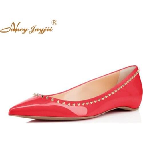 Luxury Red Violet Hot Pink Rivets Leather Women Shoes Autumn Sexy Pointy Toe Women Basic Flats Evening Shoes Women Nancyjayjii