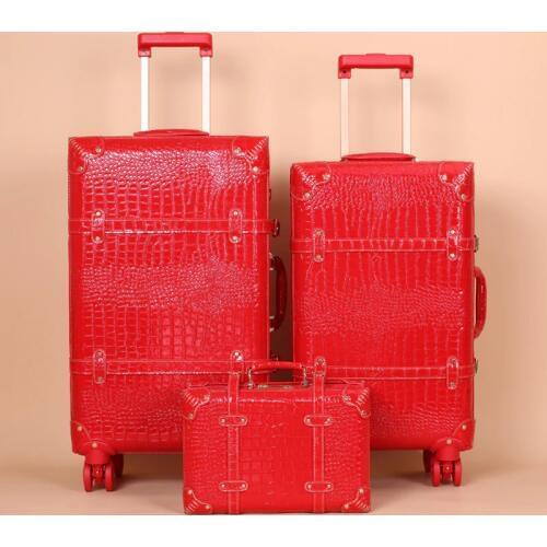 Women PU Leather Luxury Crocodile pattern Rolling Luggage sets with Cosmetic bag Married red festive Trolley suitcase travel bag