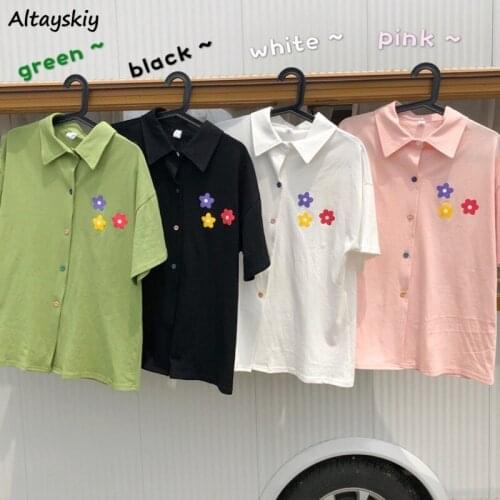 Shirts Women Floral Candy Color Sweet Girls Students Korean Style Fashion New Summer 2021 Turn-down Collar Tops Ins Ulzzang Chic