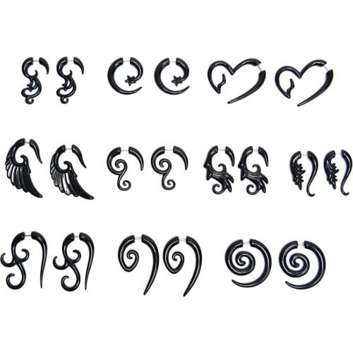 1pair Black Punk Tribal Spiral Fake Gauges Acrylic Ear Tapers Fake Plugs Horn Stud Earrings Wing Faux Fake Plugs Piercings Body