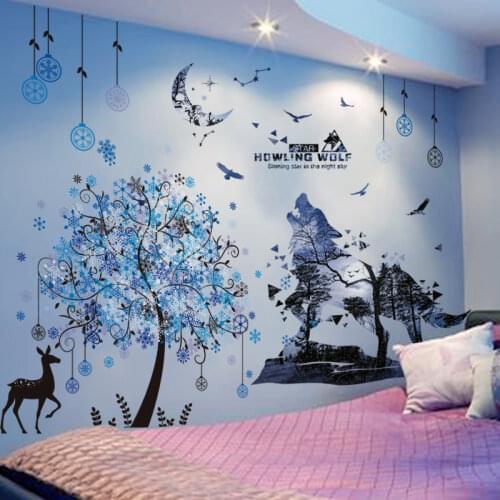 [shijuekongjian] Wolf Forest Tree Wall Stickers DIY Deer Animal Mural Decals for House Kids Bedroom Baby Room Nursery Decoration