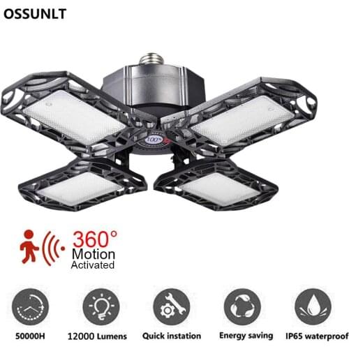 220V LED Garage Light Motion Sensor Ceiling Lamp 80/100w/120w E27 Warehouse Workshop Foldable Industrial Ligthts 85-265V