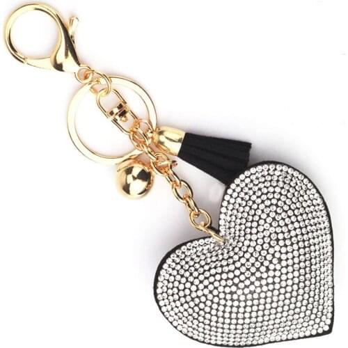 Heart-shaped Keychain Leather Tassel Keychain Metal Crystal Keychain Key Ring Girl Rhinestone Charm Bag Car Pendant new 2021