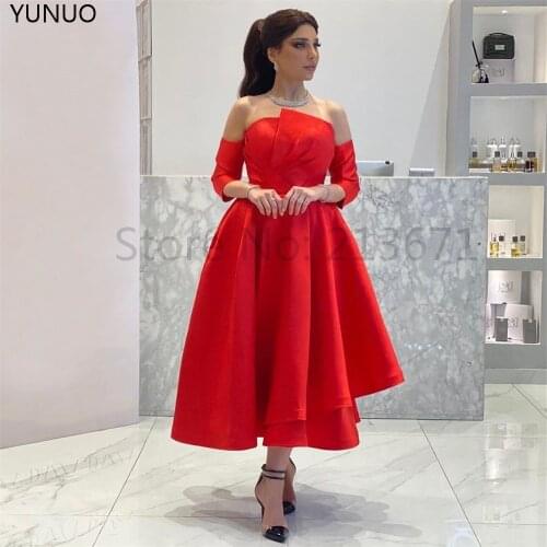YUNUO A Line Satin Red Prom Evening Dresses robes de cocktail Separate Sleeves Saudi Arabic Party Formal Gowns Tea Length платья