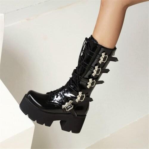 PXELENA Buckle Street Cosplay Gothic Punk Rock Mid Calf Boots Women Chunky Block High Heels Platform Combat Motorcycle Shoes 44