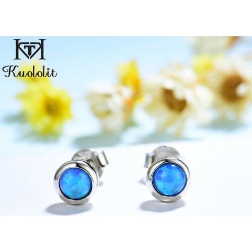 Kuololit Blue Opal Gemstone Stud Earrings for Women Solid 925 Sterling Silver Wedding Handmade Jewelry Fashion Gift For Girl New