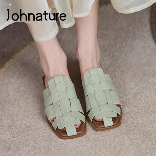 Johnature Genuine Leather Summer Slippers Women Shoes Flat With 2021 New Outside Slides Sewing Leisure Fashion Ladies Slippers