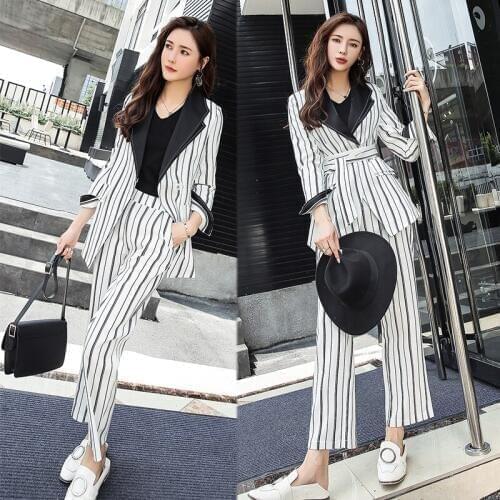 Lacing Striped Pant Suit for Women Turn-down Collar Blazer Jacket & Elastic Waisted Pants Casual Female Suits Work Business Set
