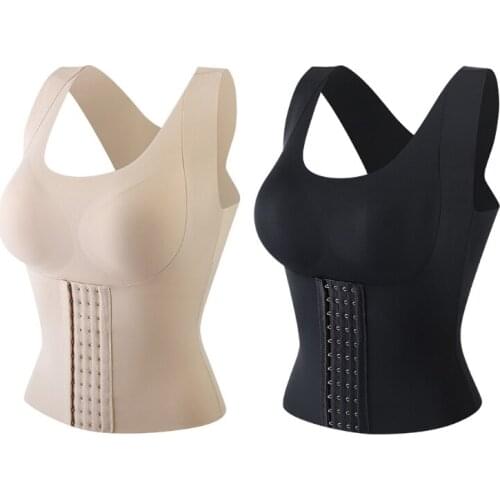 Women 4-In-1 Seanless Front Buckle Bra Wireless Push Up Padded Posture Corrector Tank Top Girdle Body Shaper Cross Back Slimming