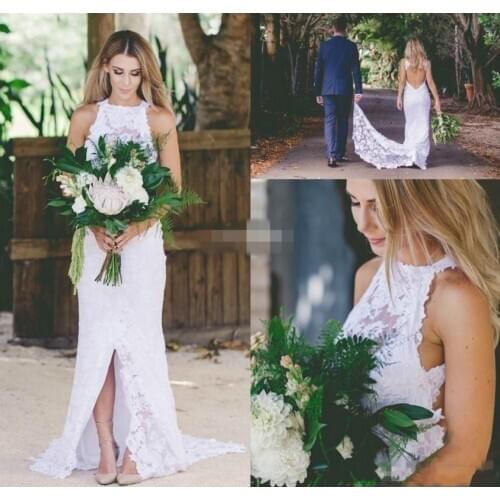 2021 Sexy Bohemian Lace Backless Wedding Dresses High Neck Spring Summer Front Split 2018 Cheap Garden Beach Simple Bridal Gowns
