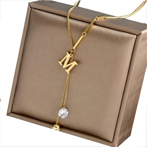 316L Stainless Steel English M Letter Word Round Bead Pendant Necklace Retro Fashion Personality Titanium Steel Necklace No Fade