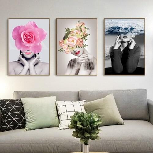 Abstract Woman Flower Decorative Painting Triple Flowers and Woman Wall Pictures for Living Room Oil Painting Wall Art Kitchen