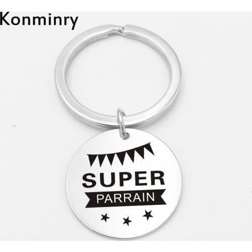 Classic Super Parrain Marraine Stainless Steel Key Chain Holder Round Pendant Merci Dad Mom Father Gifts Keyring Konminry