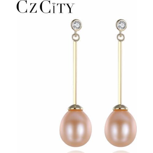 CZCITY Classic White Pink Flawless High Bright 8-9mm Natural Rice Pearl 925 Sterling Silver Long Stud Earrings for Women Jewelry