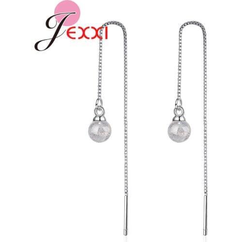 Elegant Long Thread Earrings With White Crystals Balls Design Genuine 925 Sterling Silver Fashion Women Wedding Jewelry