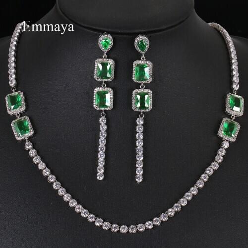 Emmaya New Arrival Classical Design Round And Green Cubic Zircon Necklace Long Earring Fashion Jewelry Set Women Wedding Party