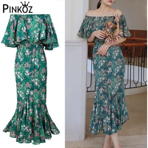 Pinnkoz summer holiday green floral printed ruffles slash neck sim bodycon mermaid midi dress women casual beach dresses boho