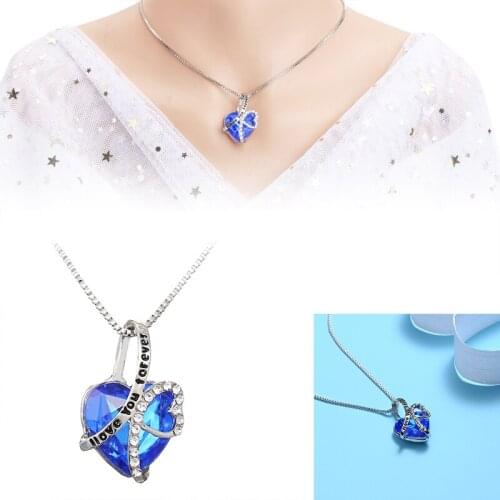 Trendy Blue Crystal Heart Pendant Necklace I Love You Forever Rhinestone Necklace Women Fashion Statement Necklace Jewelry