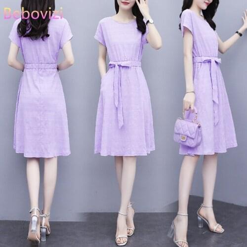 New 2021 Plus Size L-5XL Summer Green Purple Loose Za Fashion Korean Women Short Sleeve Midi Dress Casual Office Lady Clothes