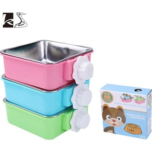 New Simple Cage Fixed Hanging Pet Bowl Dog Bowl Cat Bowl Plastic and Stainless Steel Cage Feeding Food and Water Bowl