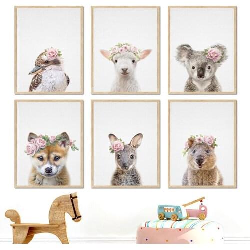 Sheep Fox Rabbit Koala Fresh Flower Wall Art Canvas Painting Nordic Posters And Prints Animal Wall Pictures Baby Kids Room Decor