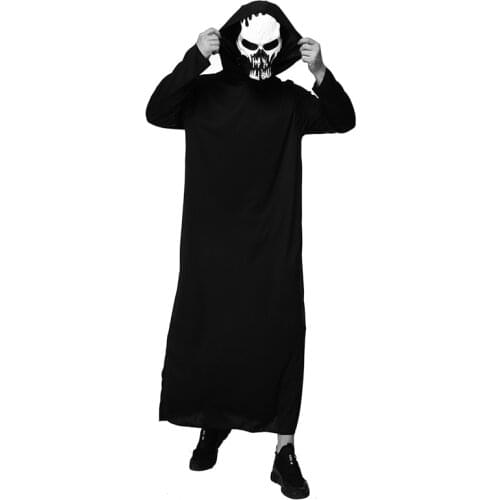 Ghost Face Hooded Gown Costume Adult Scary Demon Skeleton Costume Unisex Halloween Death Cosplay Black Robe With Mask