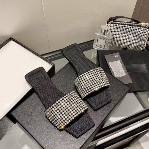 Womens shoes summer new style big king open toe rhinestone square toe flat slippers flip flop sandals and slippers women