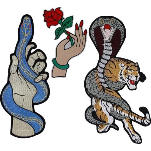 Tiger Snake Flower Patches Embroidered for Clothes Snakes Hand Handmade Applique Iron on Badge Sewing Accessories 2pieces P2406
