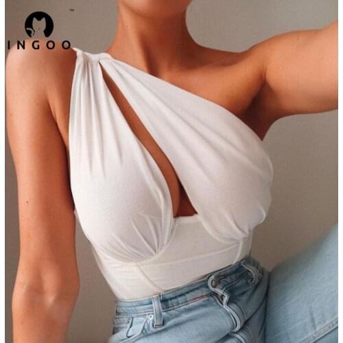 INGOO Sexy One Shoulder Bust Hollow Out Tank Top Women Sleeveless Slim Cropped Tops Solid Mesh Zipper Backless Corset Streetwear