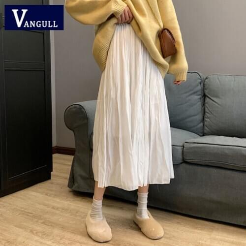Vangull White High Waist Pleated Skirt Women Summer New Elastic Waist Loose Skirt Ins Style Female Party Mid- calf Skirts