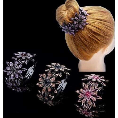 2Pcs/Set Rhinestone Hair Bun Claws Holders Women Hair Claws Headwear Rhinestone Flower Hairpin Nest Floral Twist Clip Donut Bun