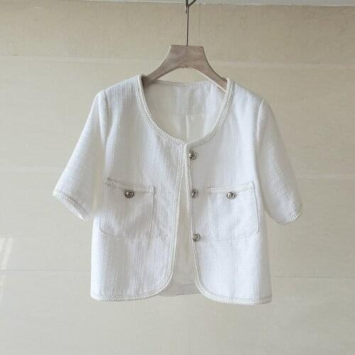 O-Neck Summer Tweed Jackets Women Short Sleeve Vintage Single Breasted Coats White Pockets Woolen Outwear Elegant C543
