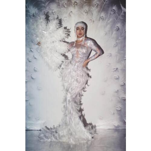 White Feather Rhinestones Floor-length Dress Big Tail Dress Costume Prom Dancer Birthday Celebrate Dress