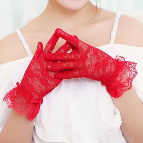 Women Vintage Sunscreen Short Gloves Sheer Floral Lace Jacquard Ruffles Mittens