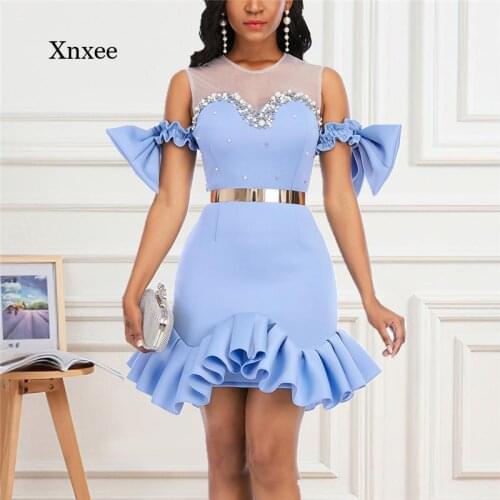 Women Ruffled Pearls Patchwork Party Mini Dress Mesh Bead Sexy with Bowtie Sweet Evening Event Elastic Backless Vestido Bodycon