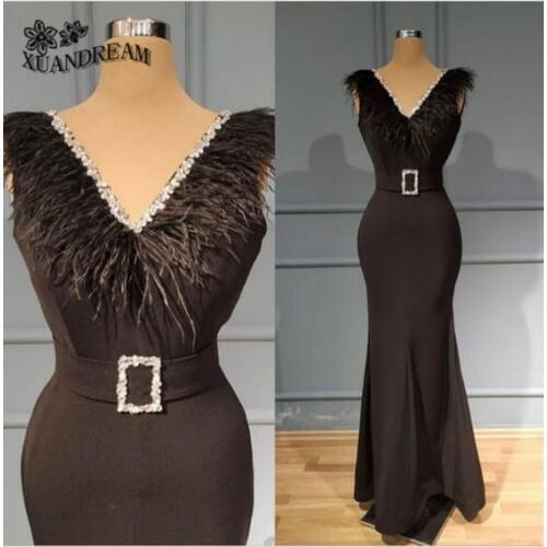 Elegant formal evening gown with feathers V neck вечернее платье robe de soiree simple long evening dresses for party XD-024