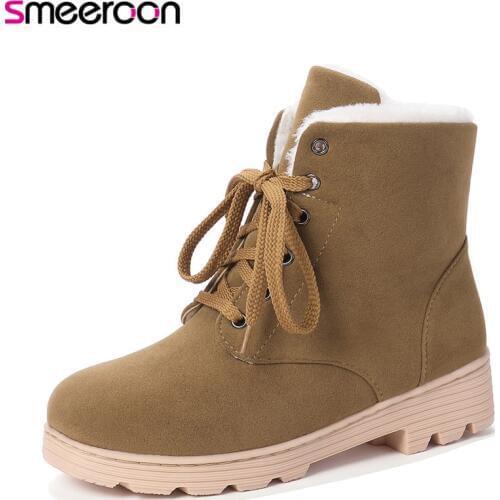 Smeeroon winter snow boots 2020 new arrival womens ankle boots lace up shoes round toe flock wholesale black ladies boots