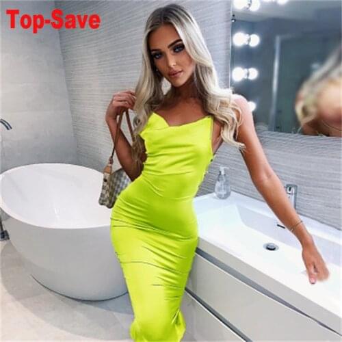 2021 New Arrival Women Neon Satin Evening Party Dress Luxury Shiny Sundress Sexy Clothing Imitation Silk Fashion Ladies Dresses