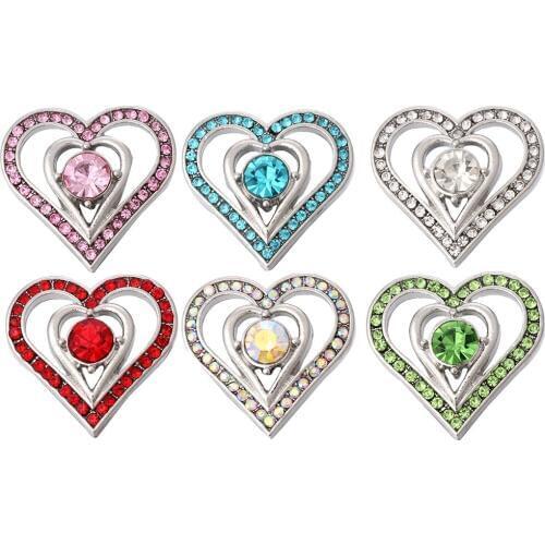 5pcs/lot New Love Heart Snap Button Jewelry Rhinestone Metal 18mm Snap Buttons Fit 20mm 18mm Snap Button Bracelet Necklace